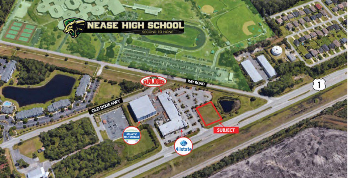 A site map depicting an available out-parcel along with the surrounding landmarks and roads.