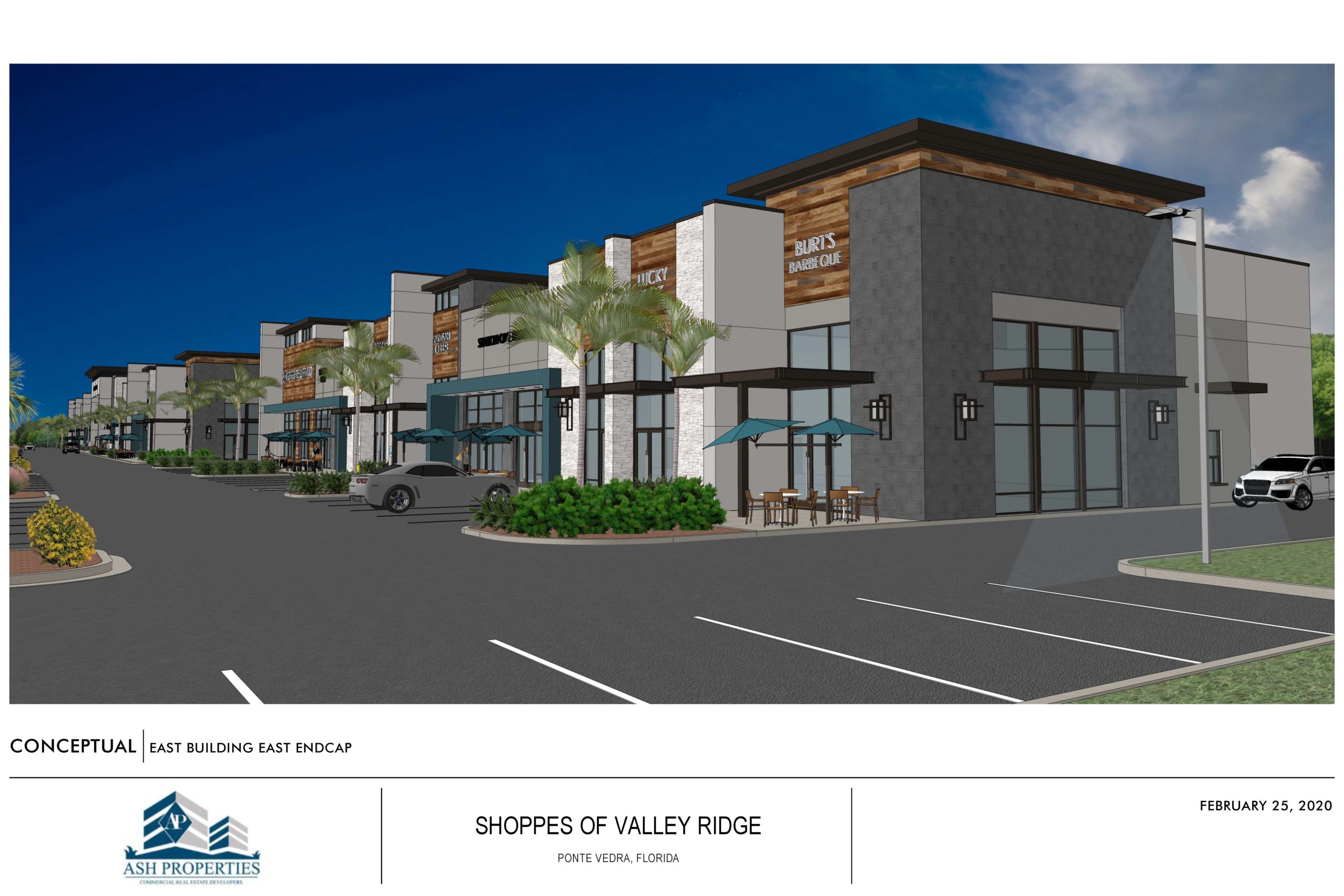 A 3D rendering of a retail shopping center.